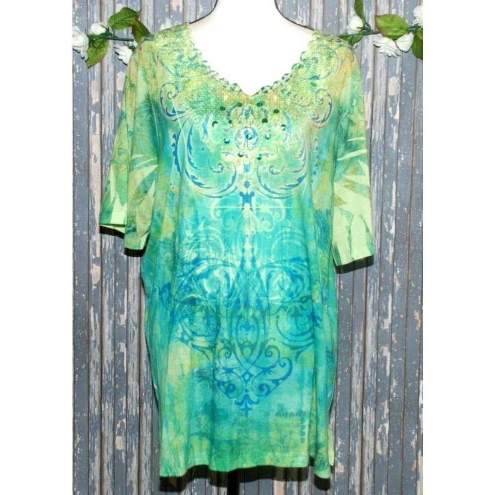 Liz & Me Green & Blue Top Blouse Size 0X 14W 16W Lace Studded Whimsical Fairy